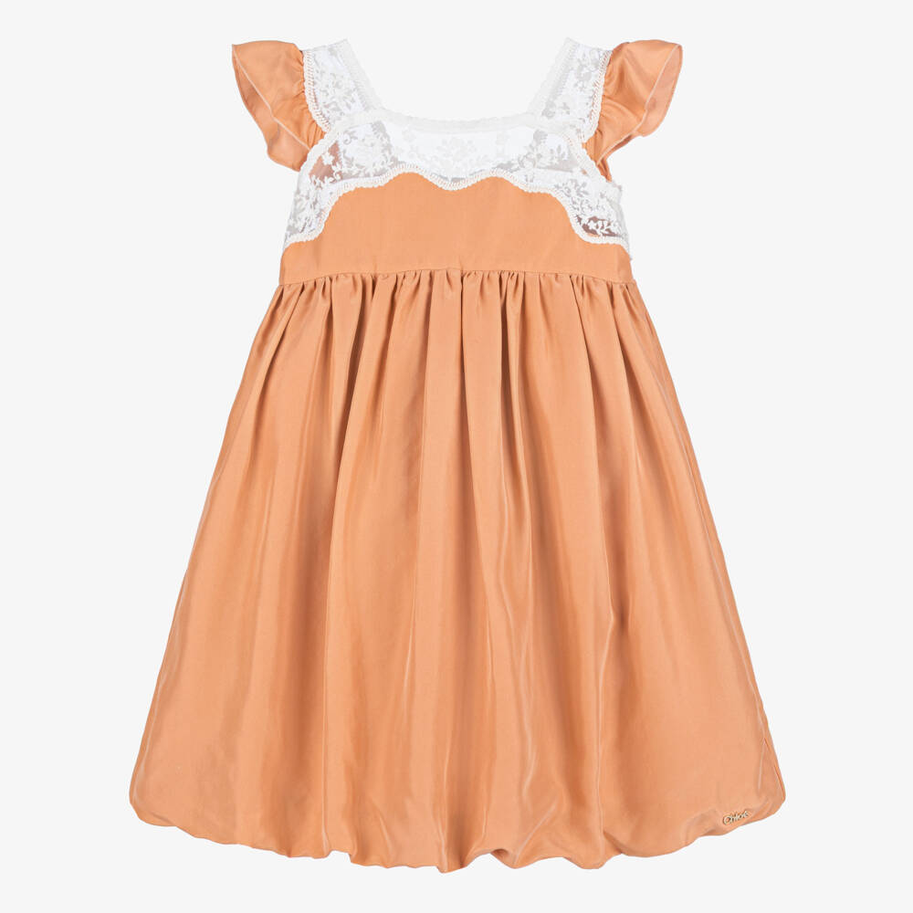Chloé-Girls Apricot Silk Dress with Lace Trims | Childrensalon
