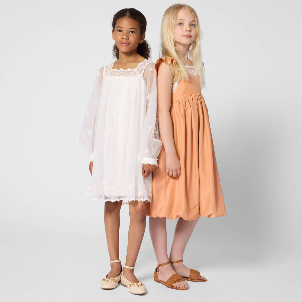 Chloé-Girls Apricot Silk Dress with Lace Trims | Childrensalon