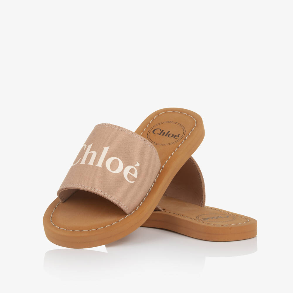 Chloé-Girls Beige Canvas Logo Sliders | Childrensalon