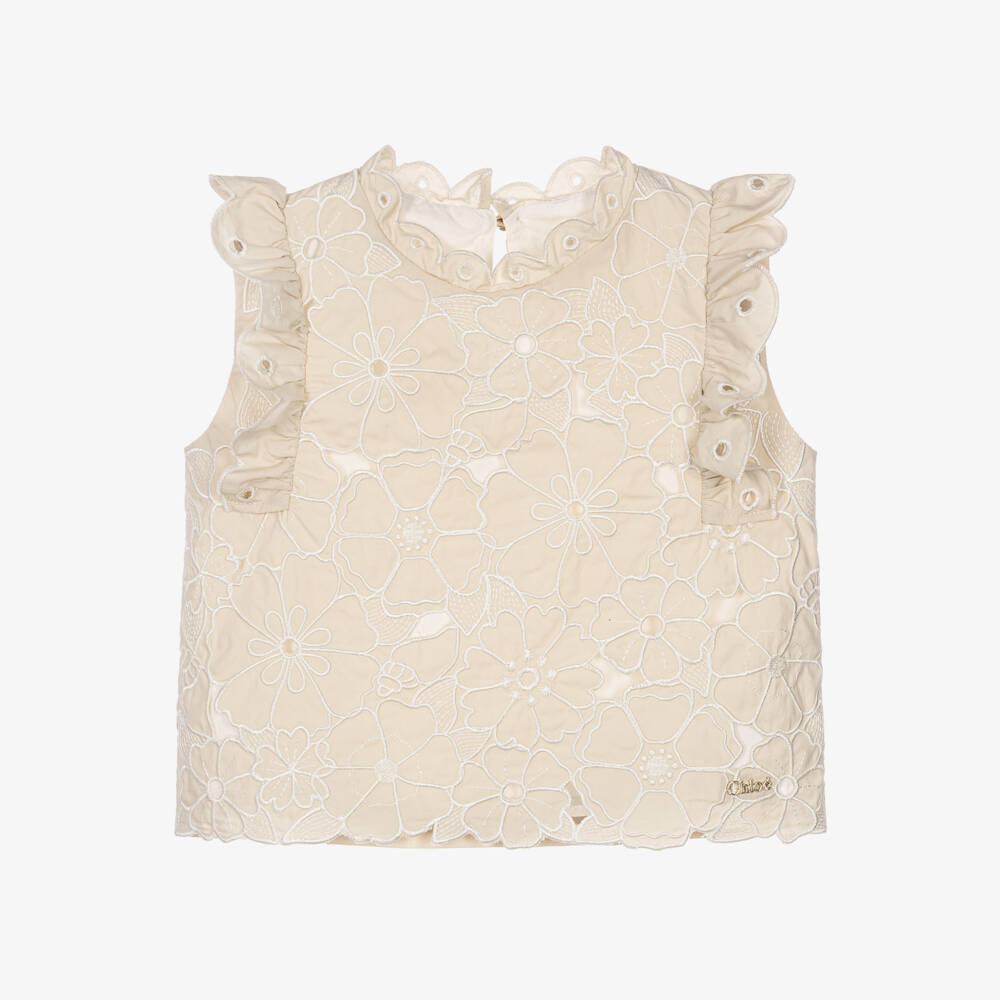 Chloé-Girls Beige Cotton Floral Cutwork Blouse | Childrensalon
