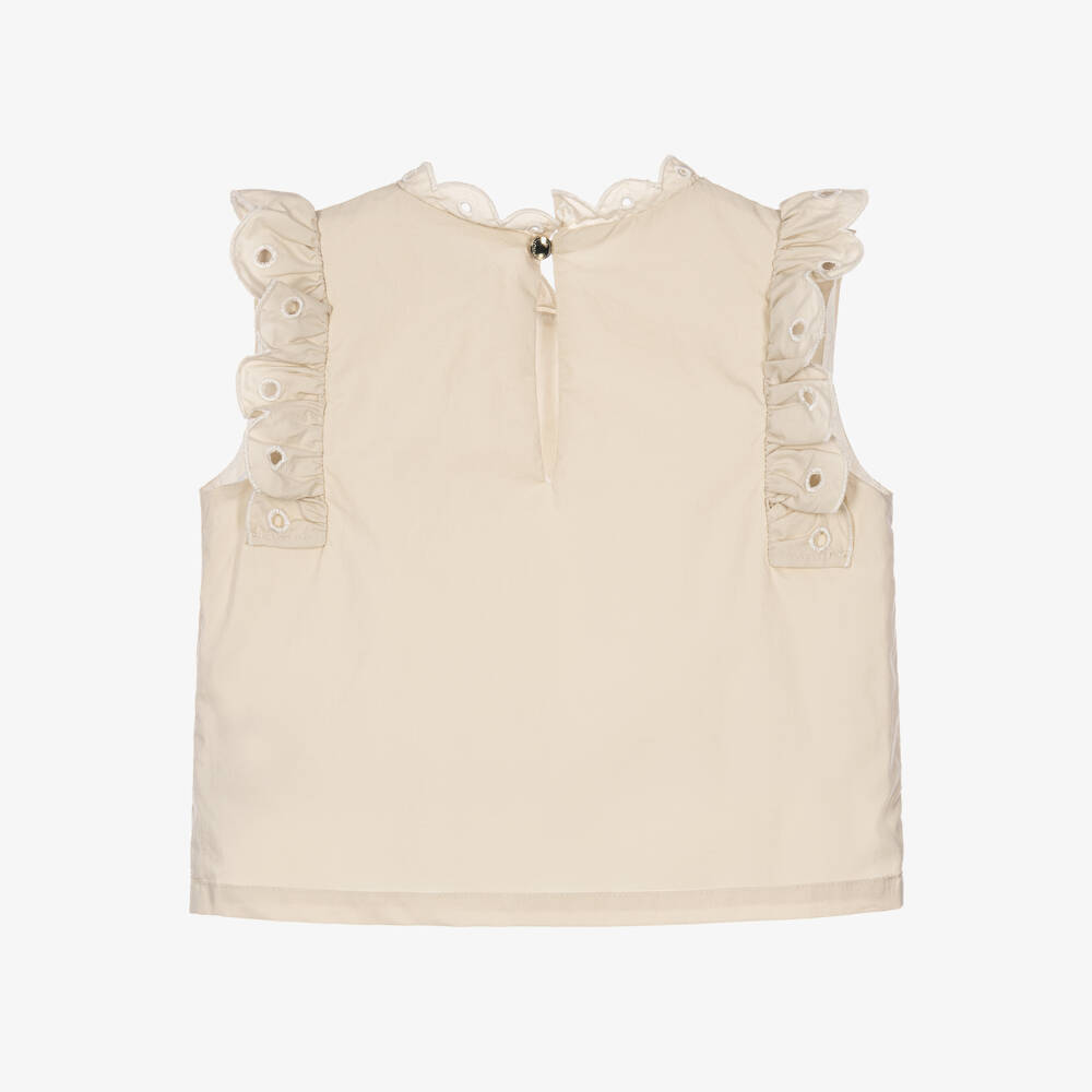 Chloé-Girls Beige Cotton Floral Cutwork Blouse | Childrensalon