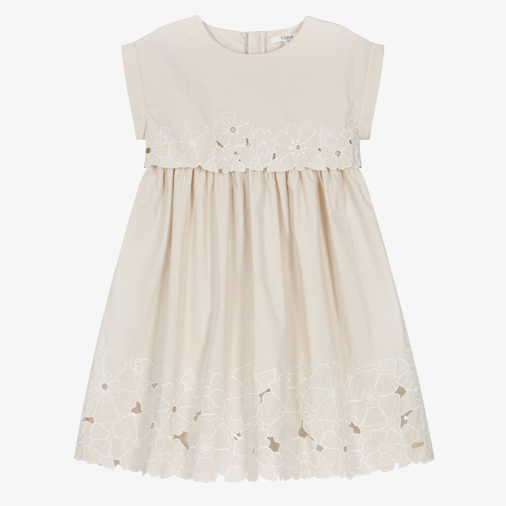 Chloé-Girls Beige Cotton Floral Embroidered Dress | Childrensalon