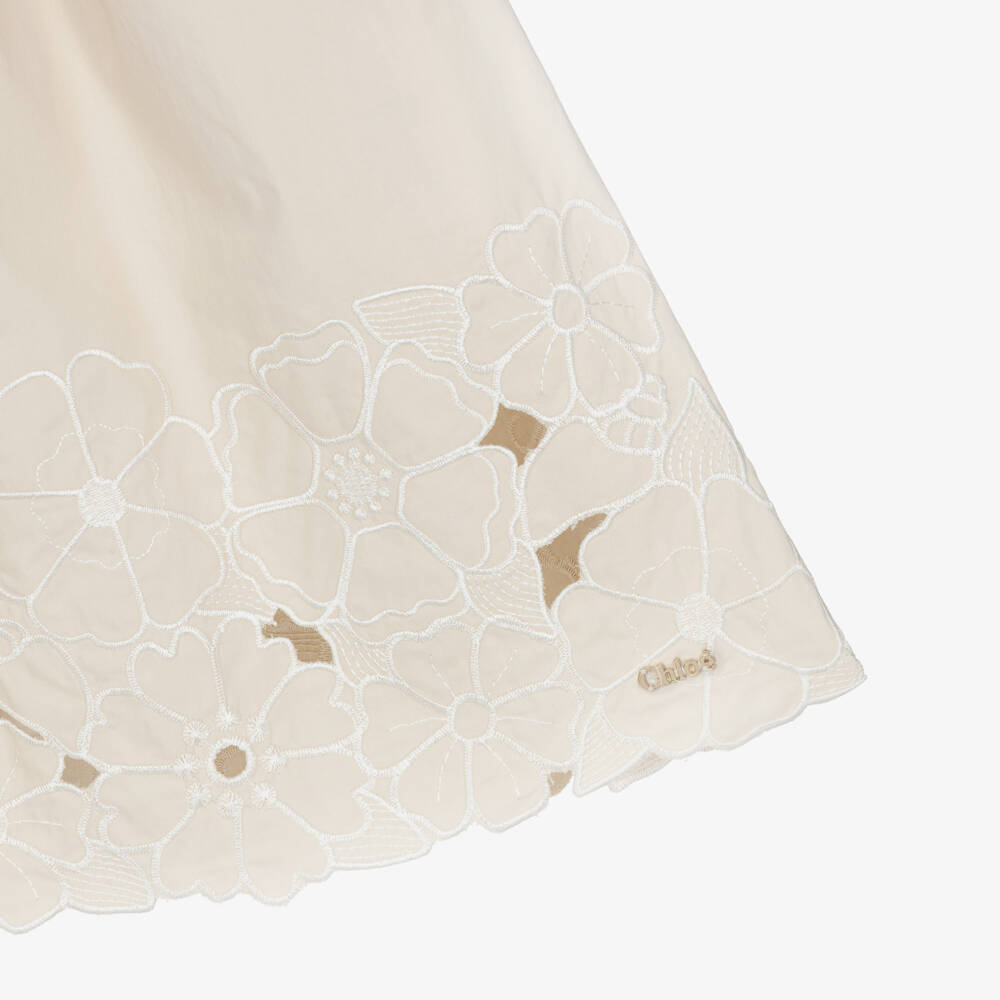 Chloé-Girls Beige Cotton Floral Embroidered Dress | Childrensalon