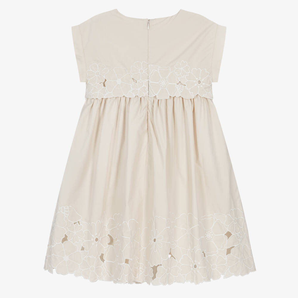 Chloé-Girls Beige Cotton Floral Embroidered Dress | Childrensalon