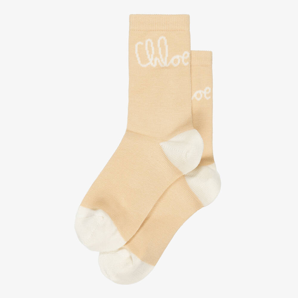 Chloé-Girls Beige Cotton Signature Logo Socks | Childrensalon
