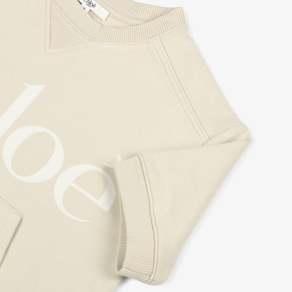 Chloé-Girls Beige Cotton Sweatshirt Dress with Logo Print | Childrensalon