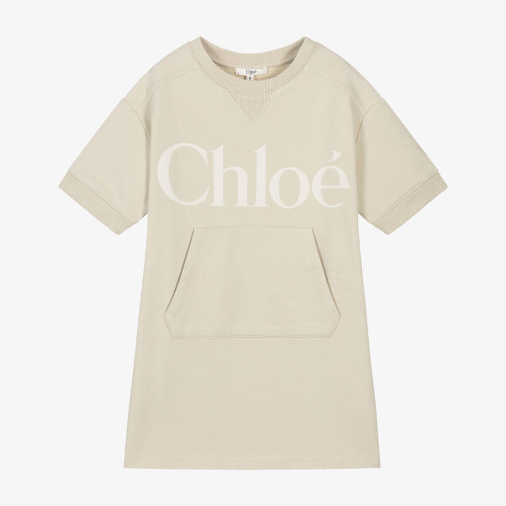 Chloé-Girls Beige Cotton Sweatshirt Dress with Logo Print | Childrensalon
