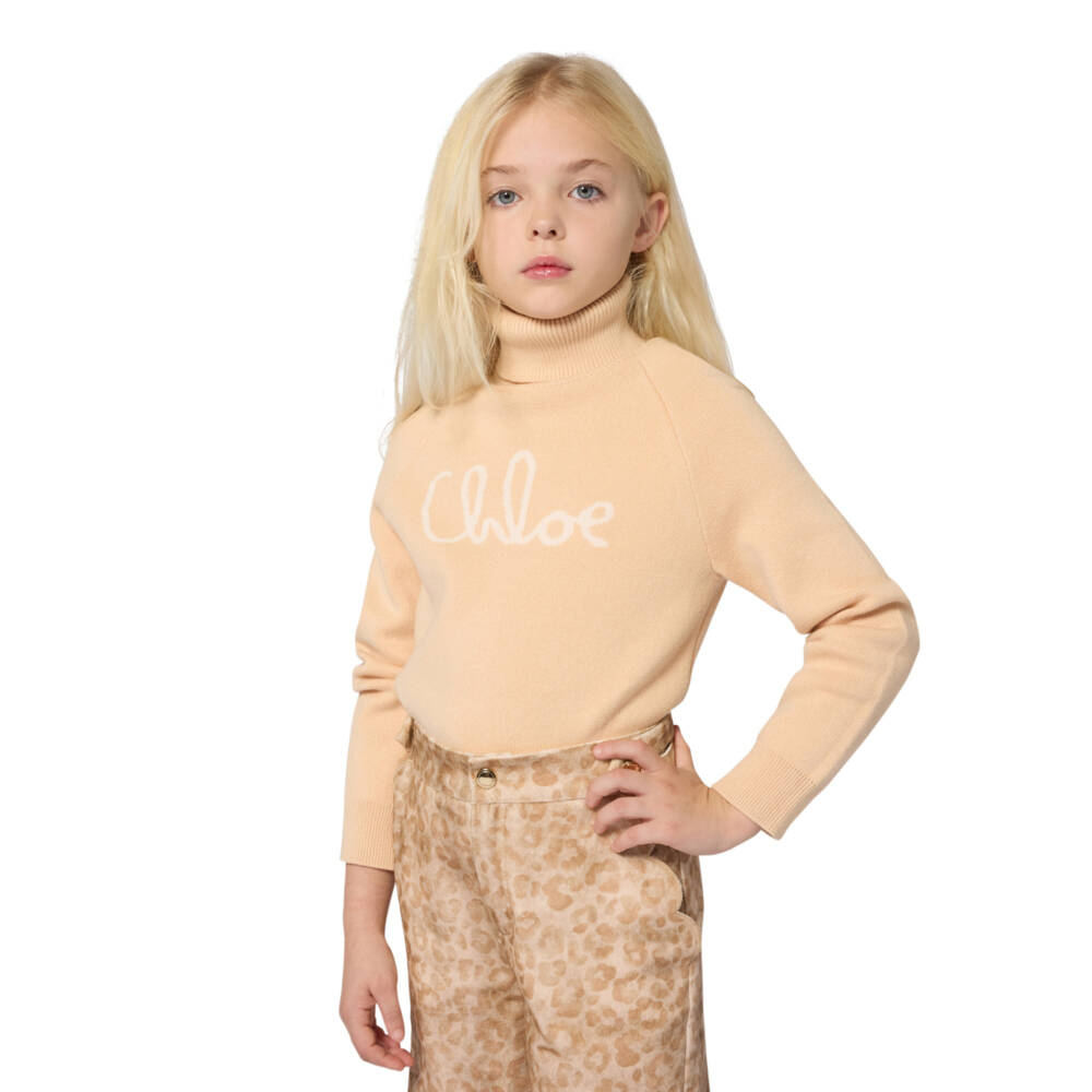 Chloé-Girls Beige Cotton & Wool Logo Roll Neck Sweater | Childrensalon