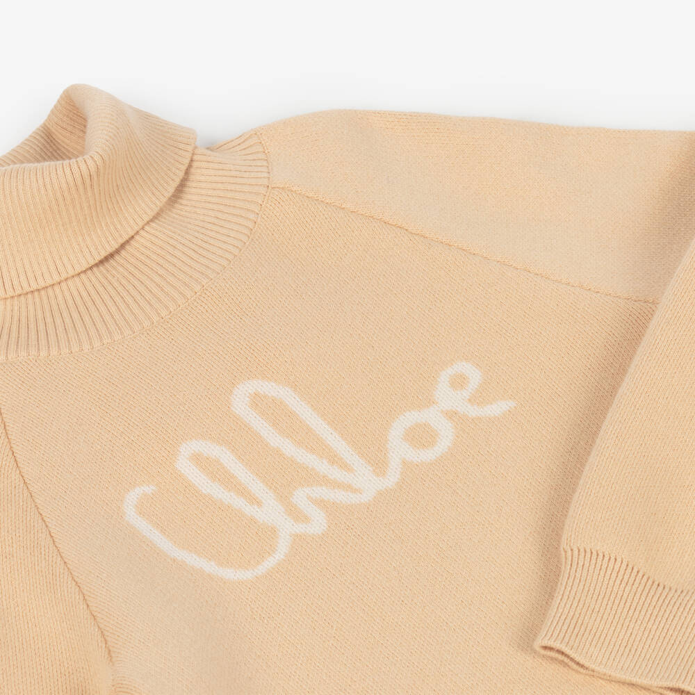 Chloé-Girls Beige Cotton & Wool Logo Roll Neck Sweater | Childrensalon