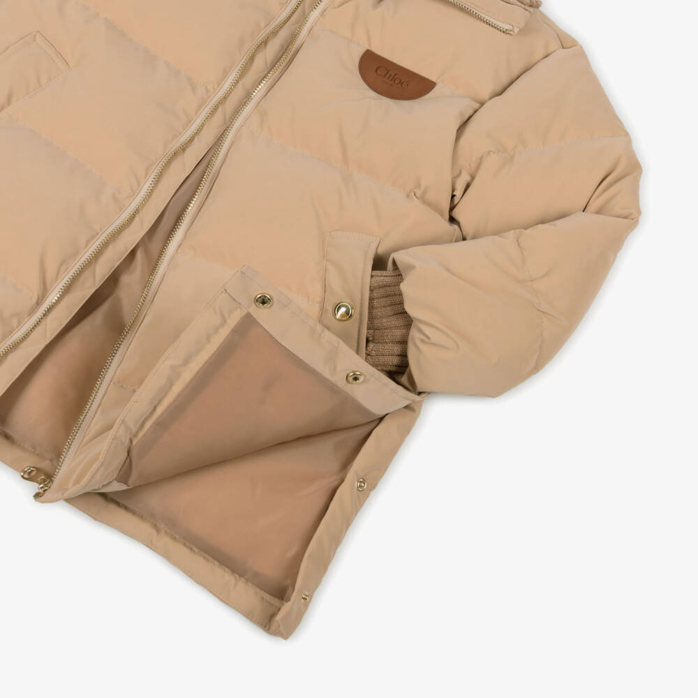 Chloé-Girls Beige Down-Padded Puffer Coat with Knitted Trims | Childrensalon