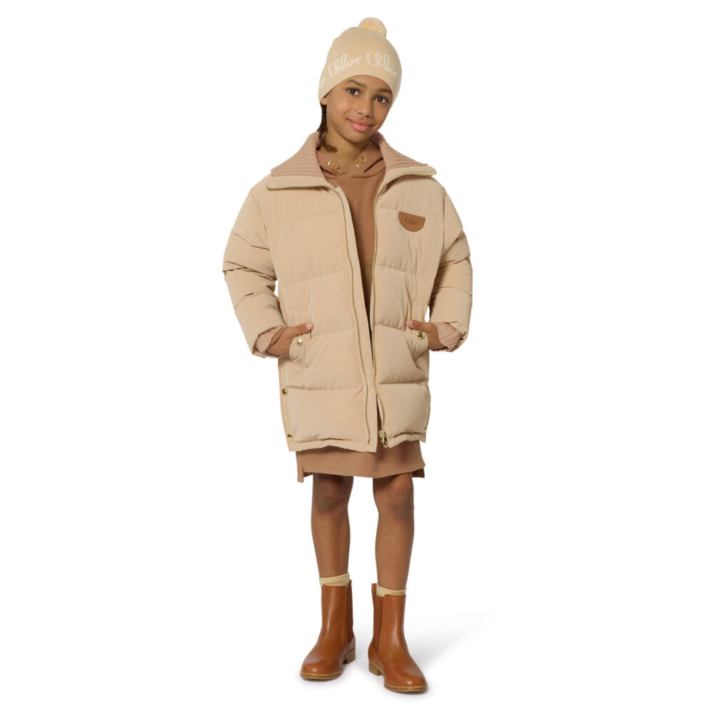 Chloé-Girls Beige Down-Padded Puffer Coat with Knitted Trims | Childrensalon