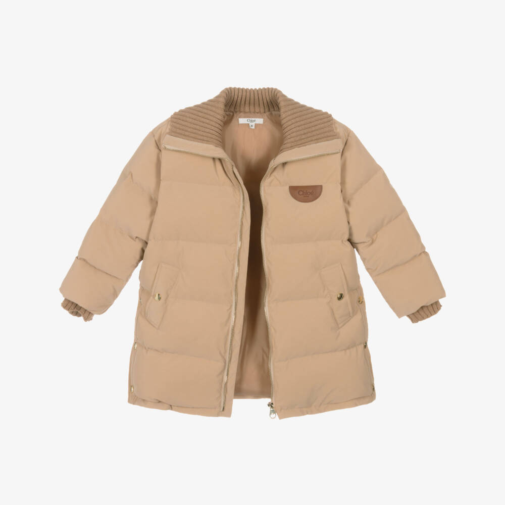 Chloé-Girls Beige Down-Padded Puffer Coat with Knitted Trims | Childrensalon