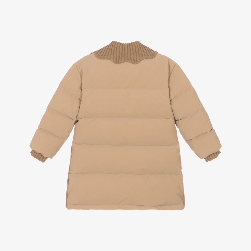 Chloé-Girls Beige Down-Padded Puffer Coat with Knitted Trims | Childrensalon