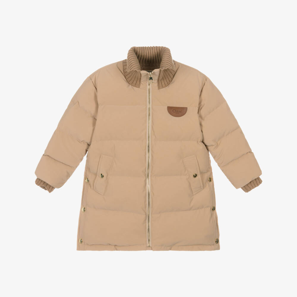 Chloé-Girls Beige Down-Padded Puffer Coat with Knitted Trims | Childrensalon