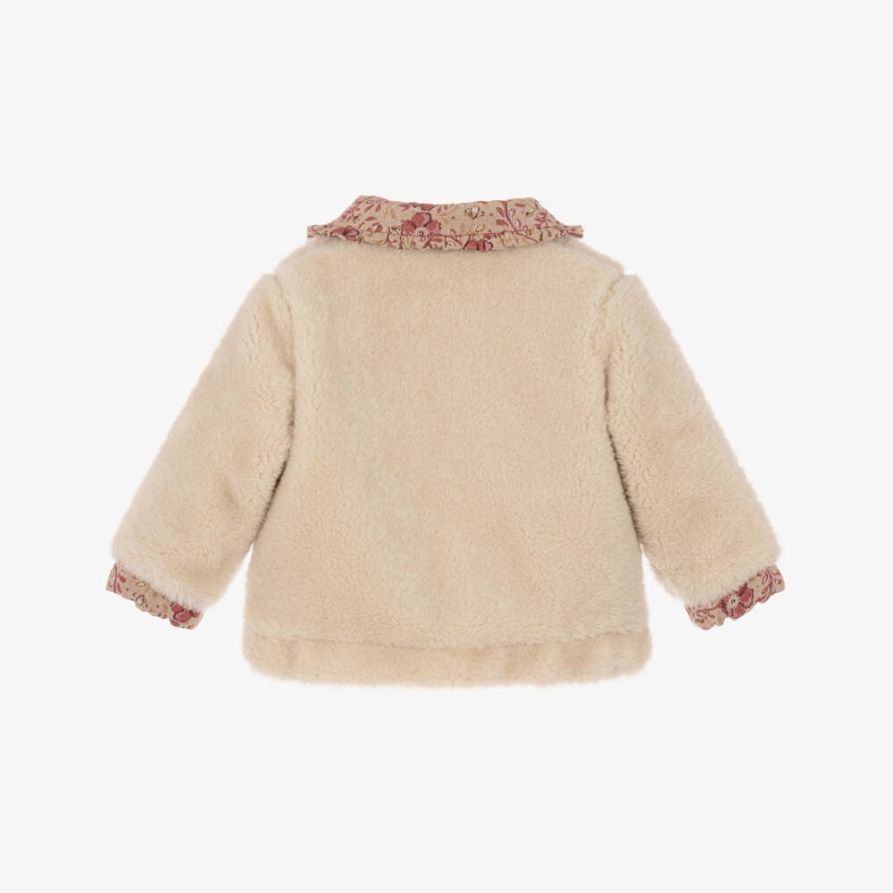 Chloé-Girls Beige Faux Shearling Jacket with Floral Trims | Childrensalon