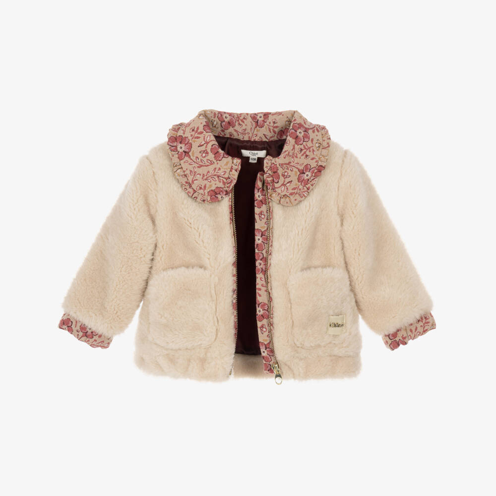 Chloé-Girls Beige Faux Shearling Jacket with Floral Trims | Childrensalon