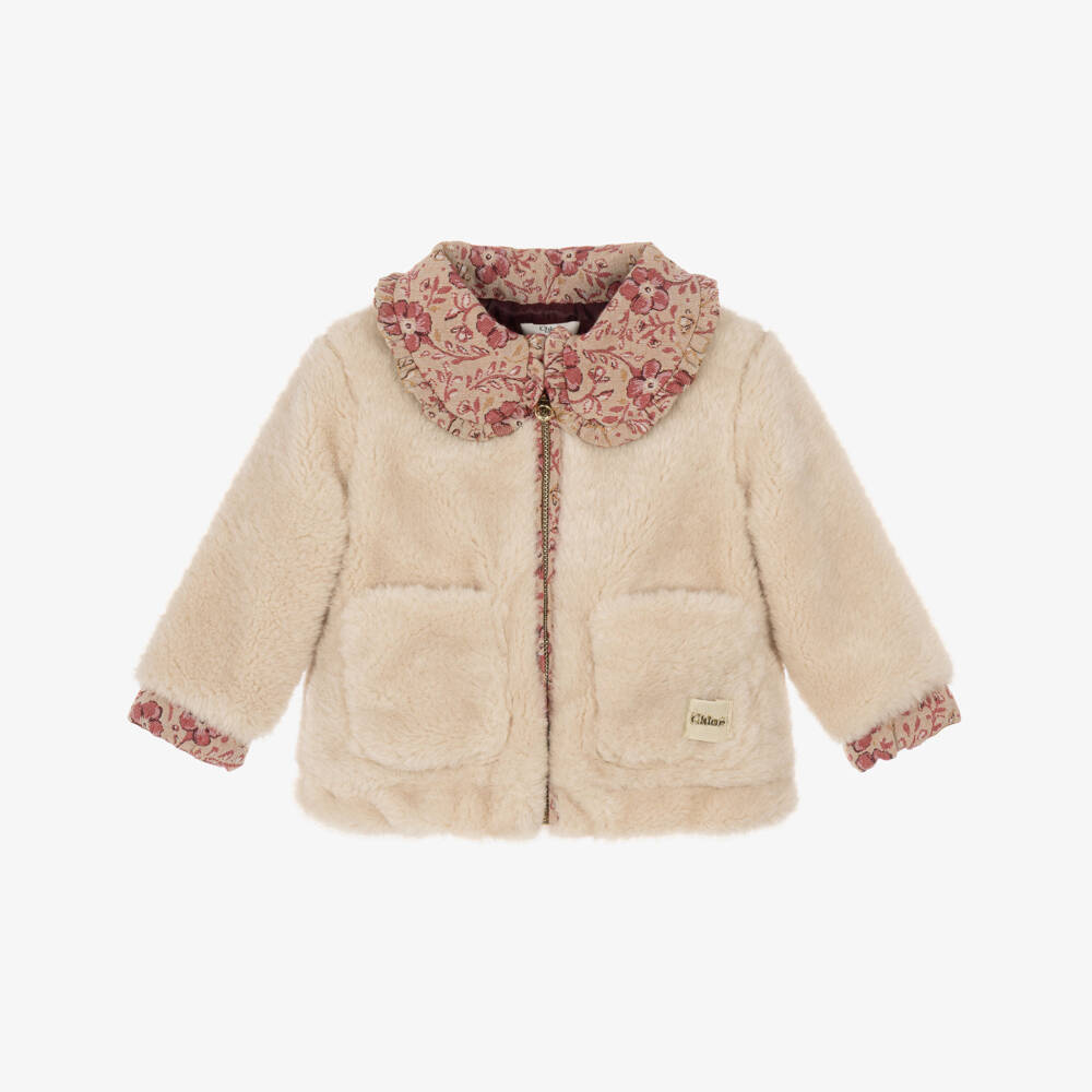 Chloé-Girls Beige Faux Shearling Jacket with Floral Trims | Childrensalon