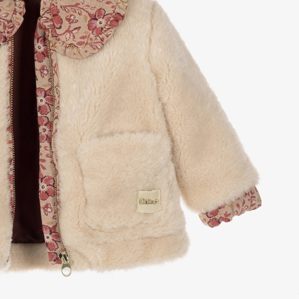 Chloé-Girls Beige Faux Shearling Jacket with Floral Trims | Childrensalon
