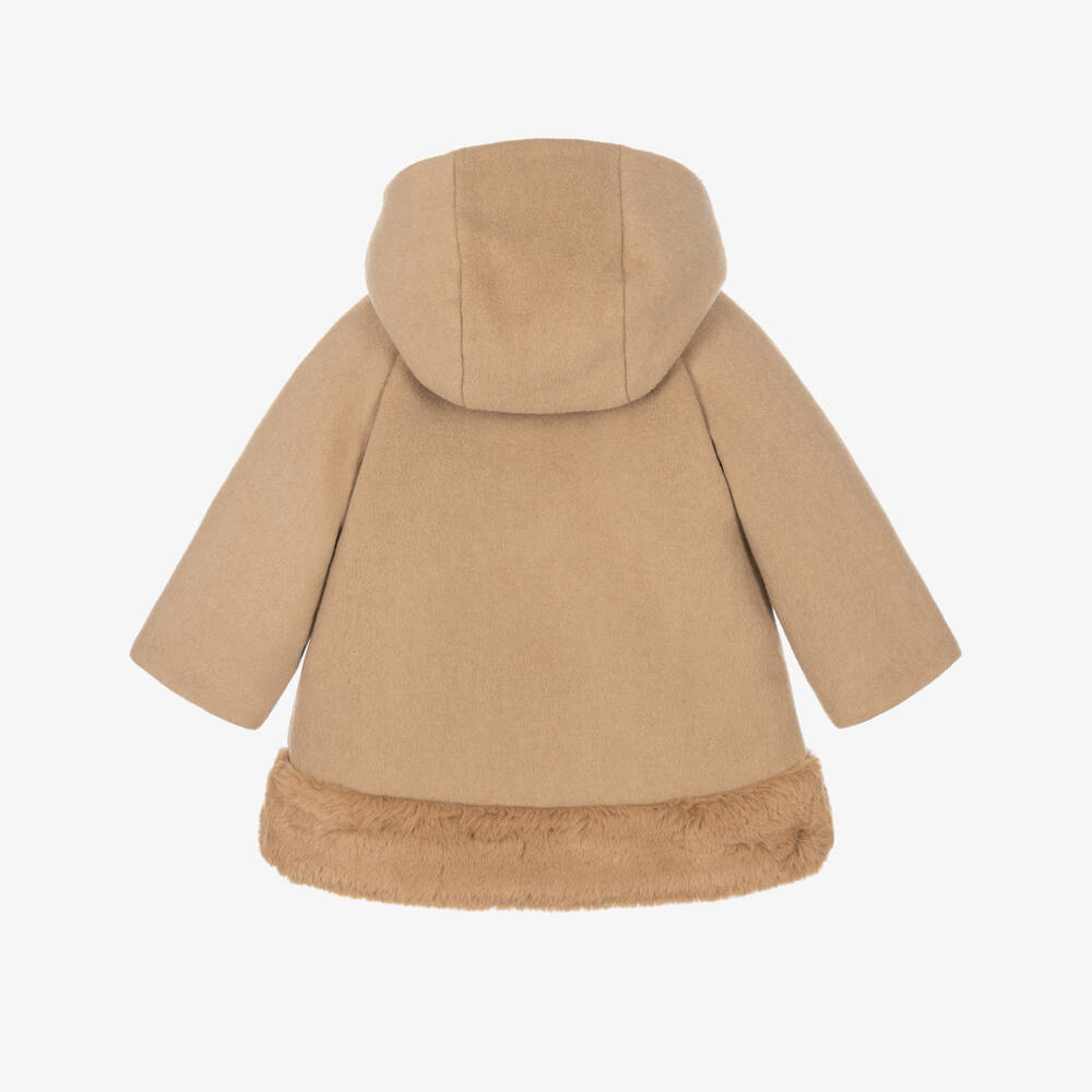 Chloé-Girls Beige Hooded Brushed Wool-Blend Coat | Childrensalon