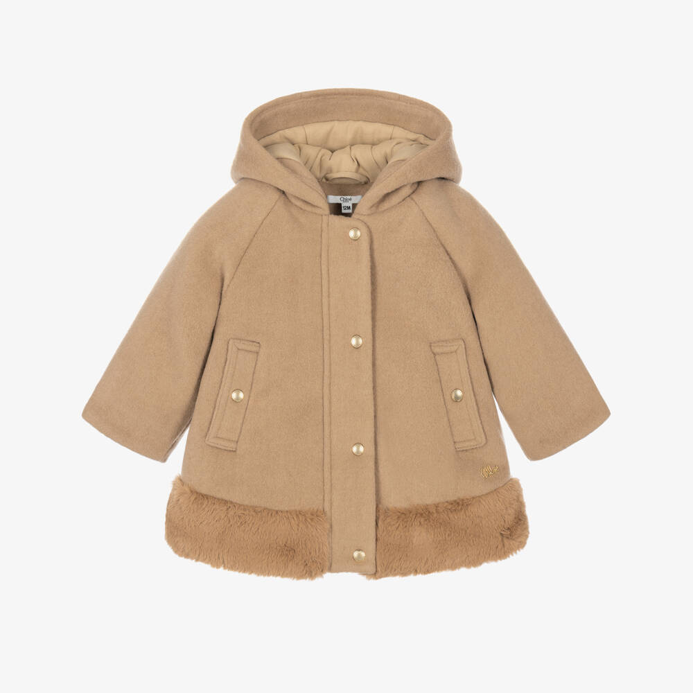 Chloé-Girls Beige Hooded Brushed Wool-Blend Coat | Childrensalon