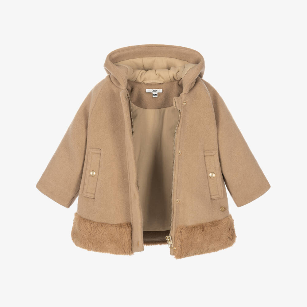 Chloé-Girls Beige Hooded Brushed Wool-Blend Coat | Childrensalon