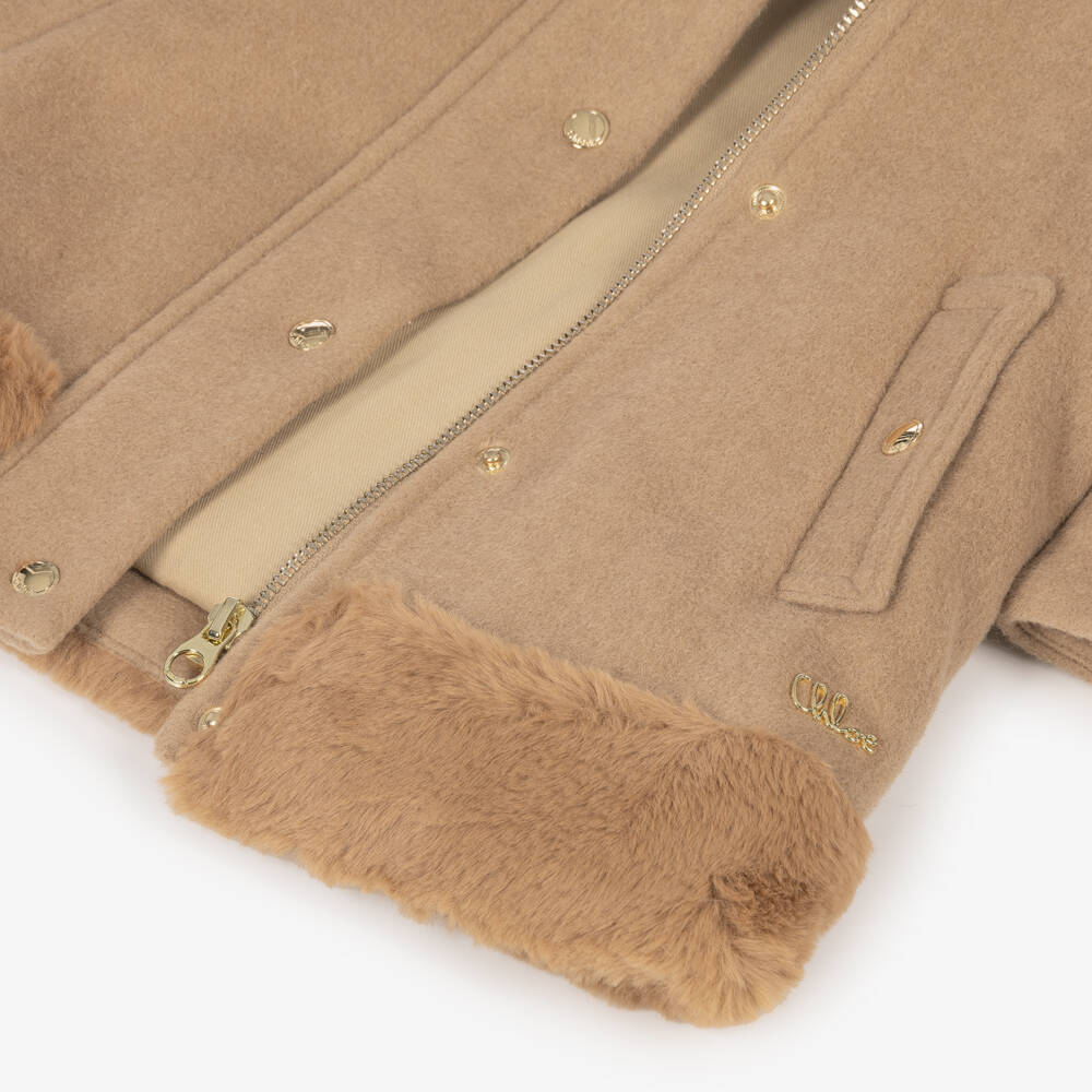Chloé-Girls Beige Hooded Brushed Wool-Blend Coat | Childrensalon