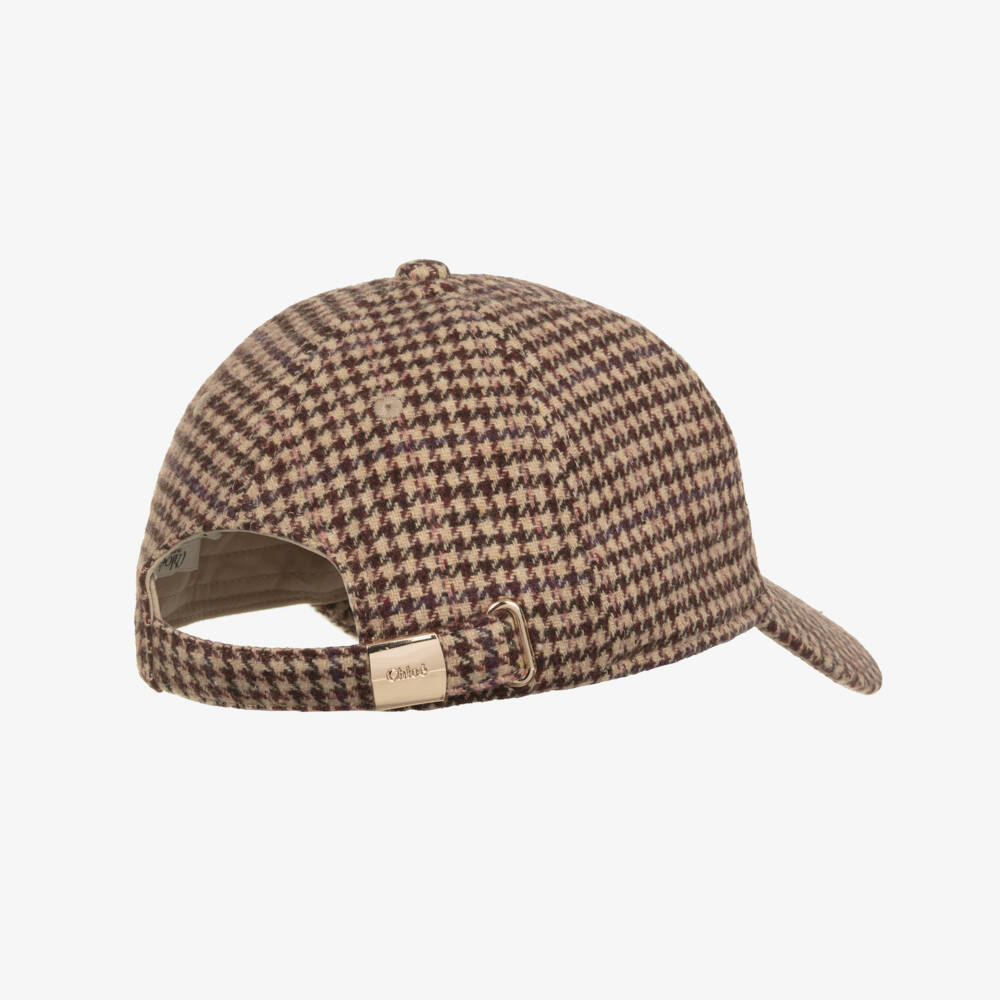 Chloé-Girls Beige Houndstooth Check Cap | Childrensalon