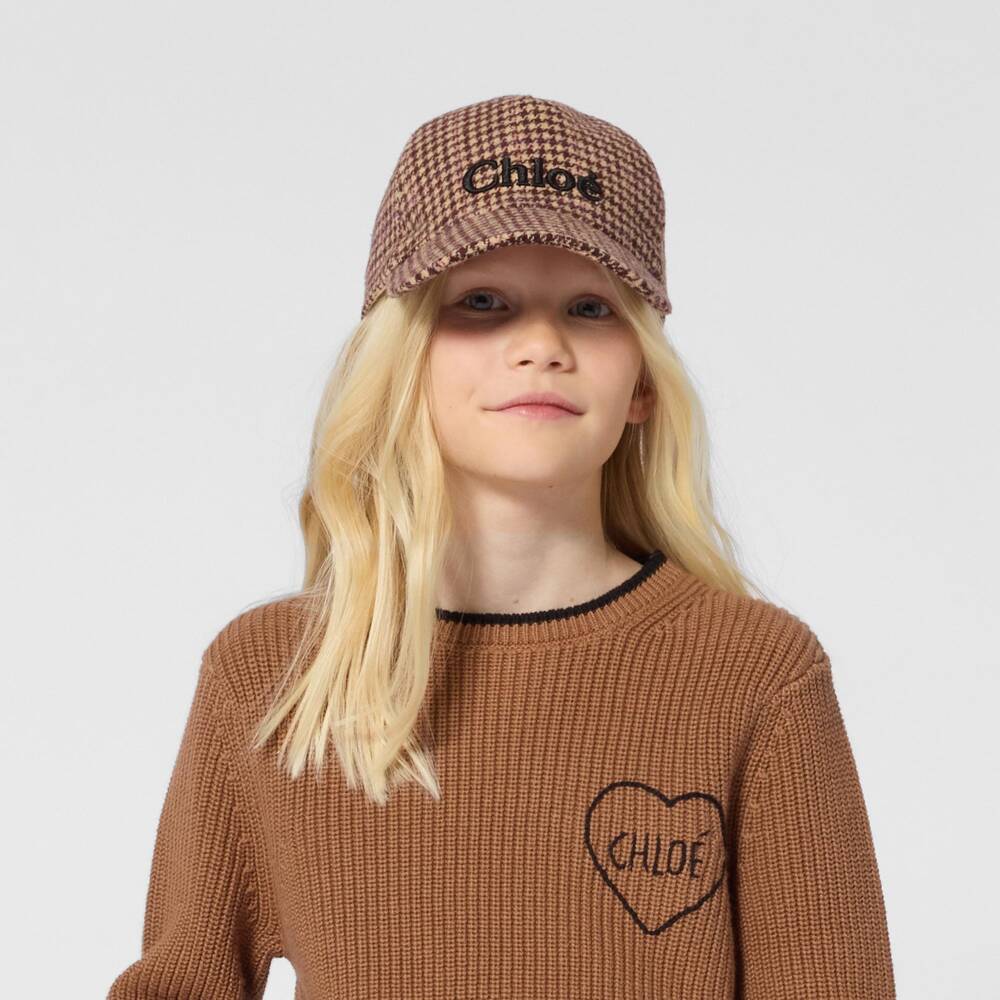 Chloé-Girls Beige Houndstooth Check Cap | Childrensalon