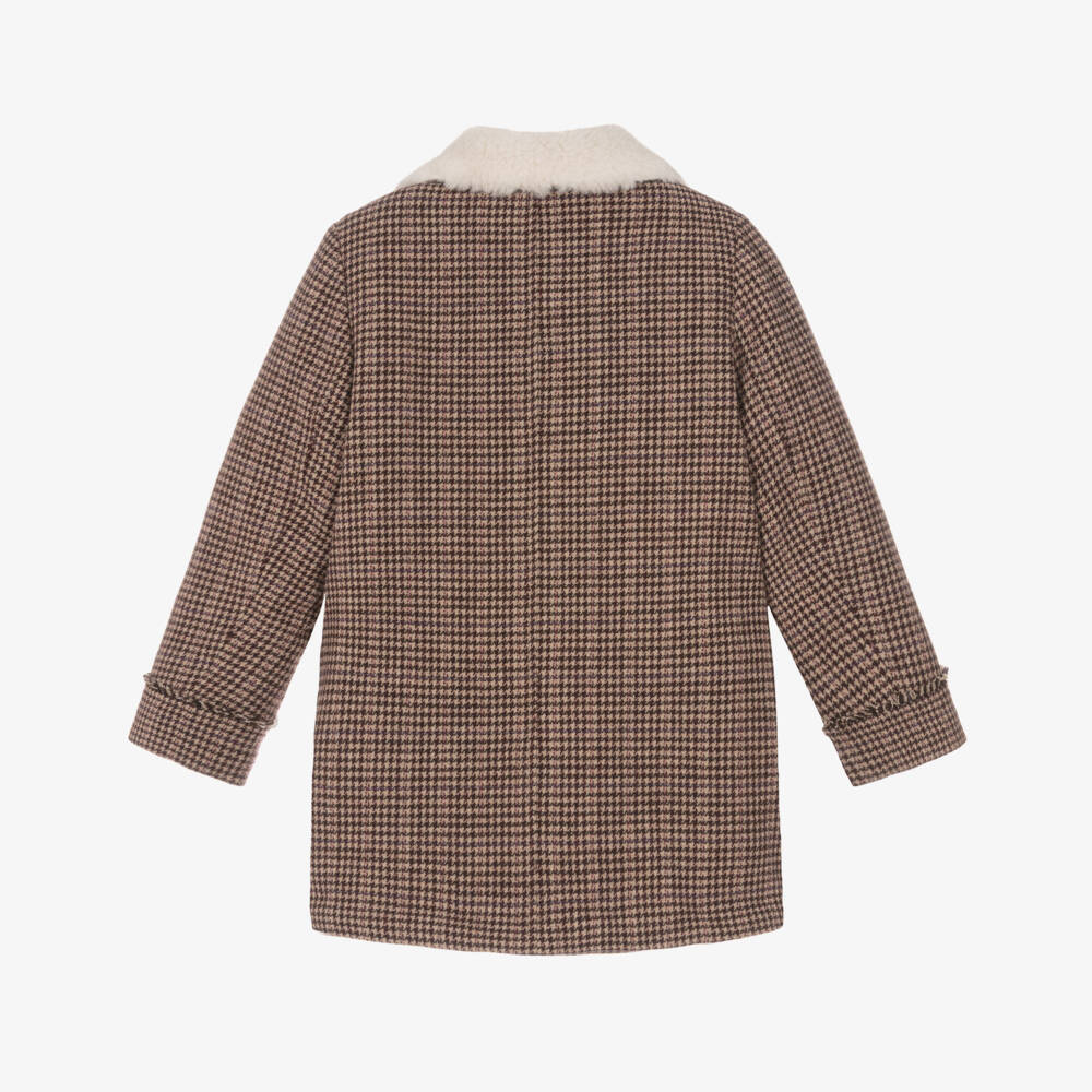Chloé-Girls Beige Houndstooth Check Wool Coat | Childrensalon