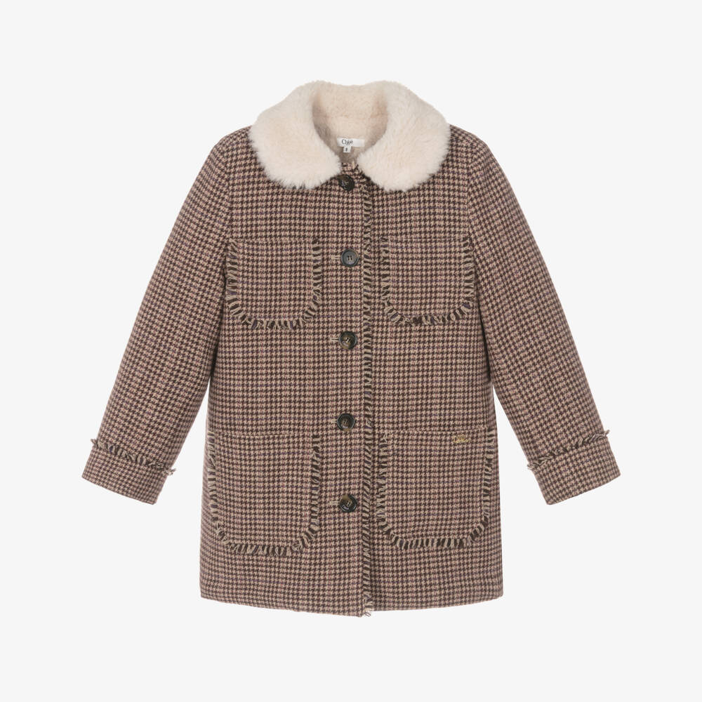 Chloé-Girls Beige Houndstooth Check Wool Coat | Childrensalon