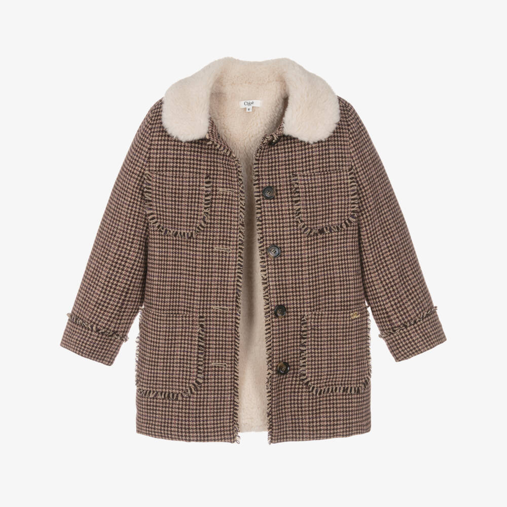 Chloé-Girls Beige Houndstooth Check Wool Coat | Childrensalon