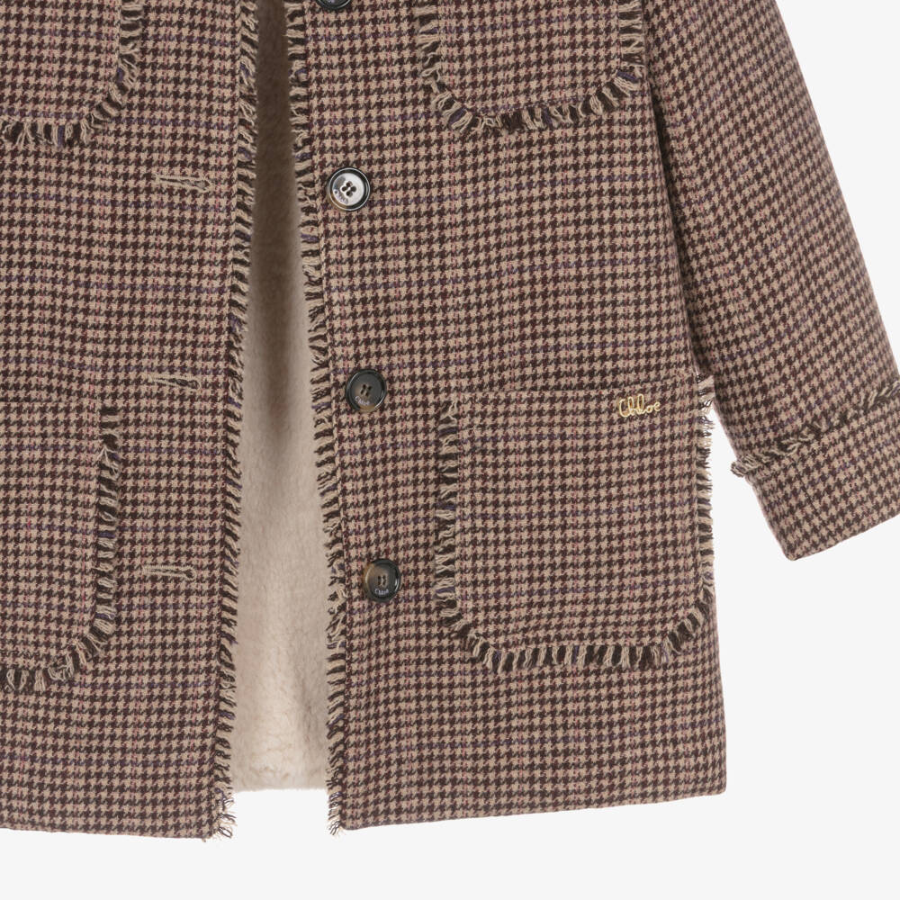 Chloé-Girls Beige Houndstooth Check Wool Coat | Childrensalon