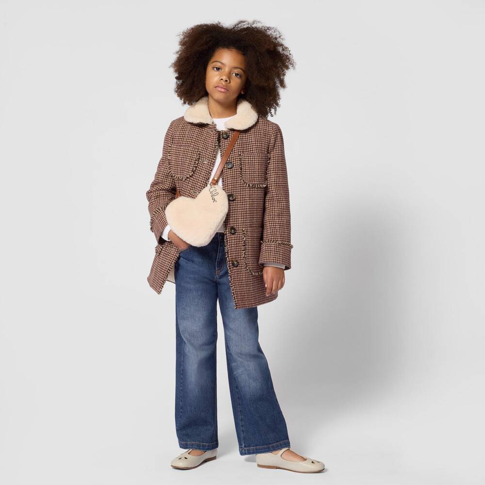 Chloé-Girls Beige Houndstooth Check Wool Coat | Childrensalon
