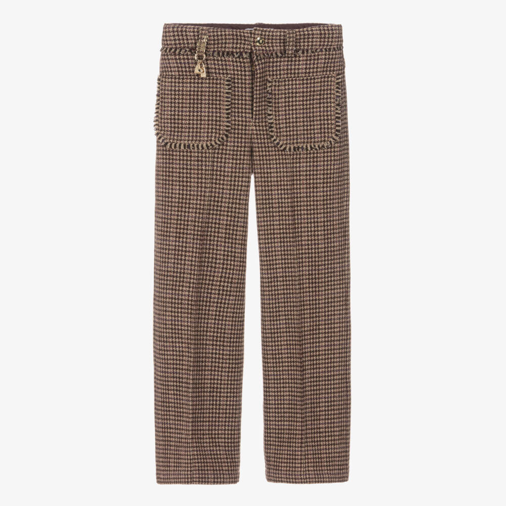 Chloé-Girls Beige Houndstooth Check Wool Trousers | Childrensalon
