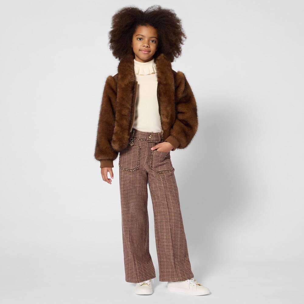 Chloé-Girls Beige Houndstooth Check Wool Trousers | Childrensalon