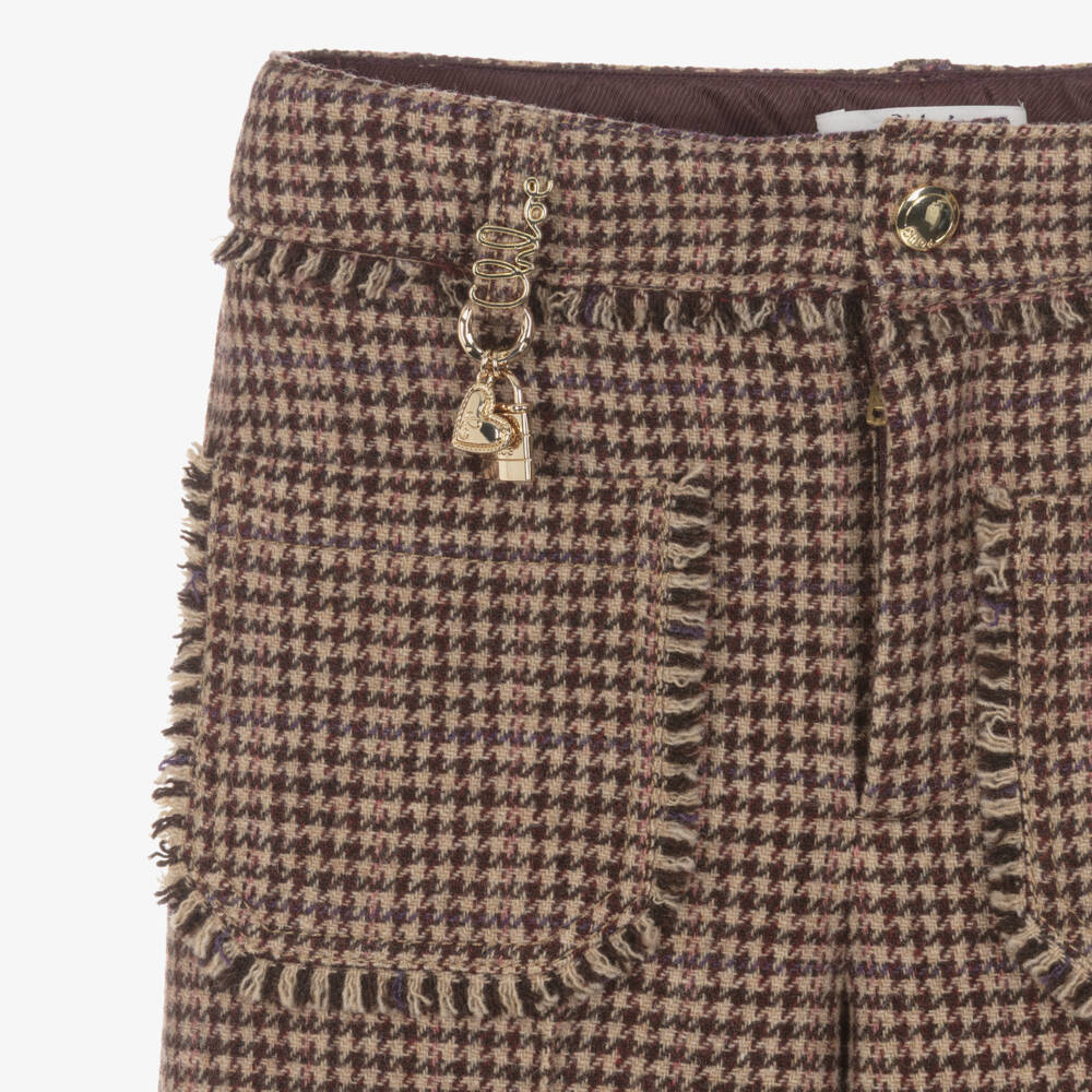 Chloé-Girls Beige Houndstooth Check Wool Trousers | Childrensalon