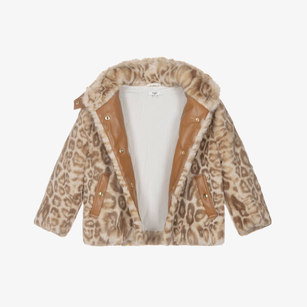 Chloé-Girls Beige Leopard Faux Fur Jacket | Childrensalon