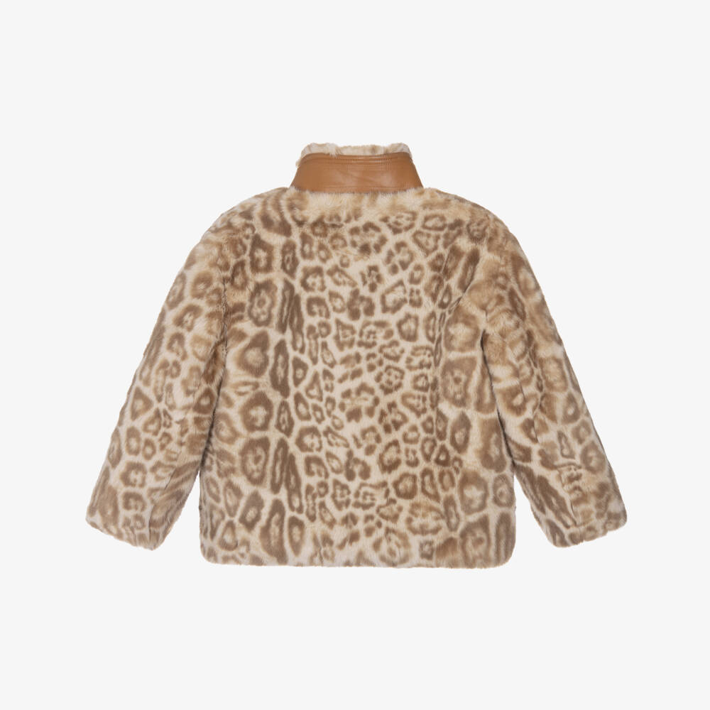 Chloé-Girls Beige Leopard Faux Fur Jacket | Childrensalon