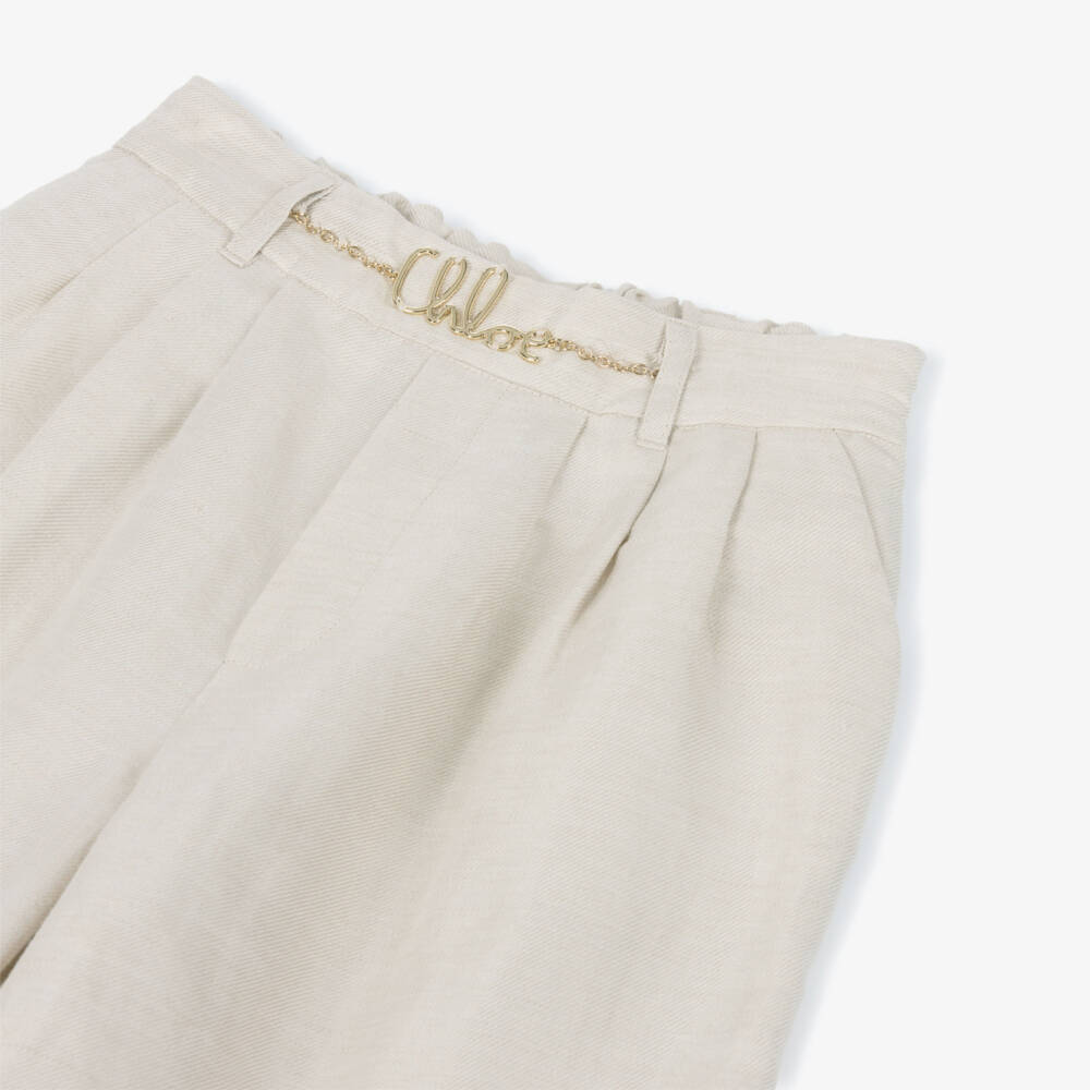 Chloé-Girls Beige Linen & Cotton Wide-Leg Trousers with Chain Logo | Childrensalon