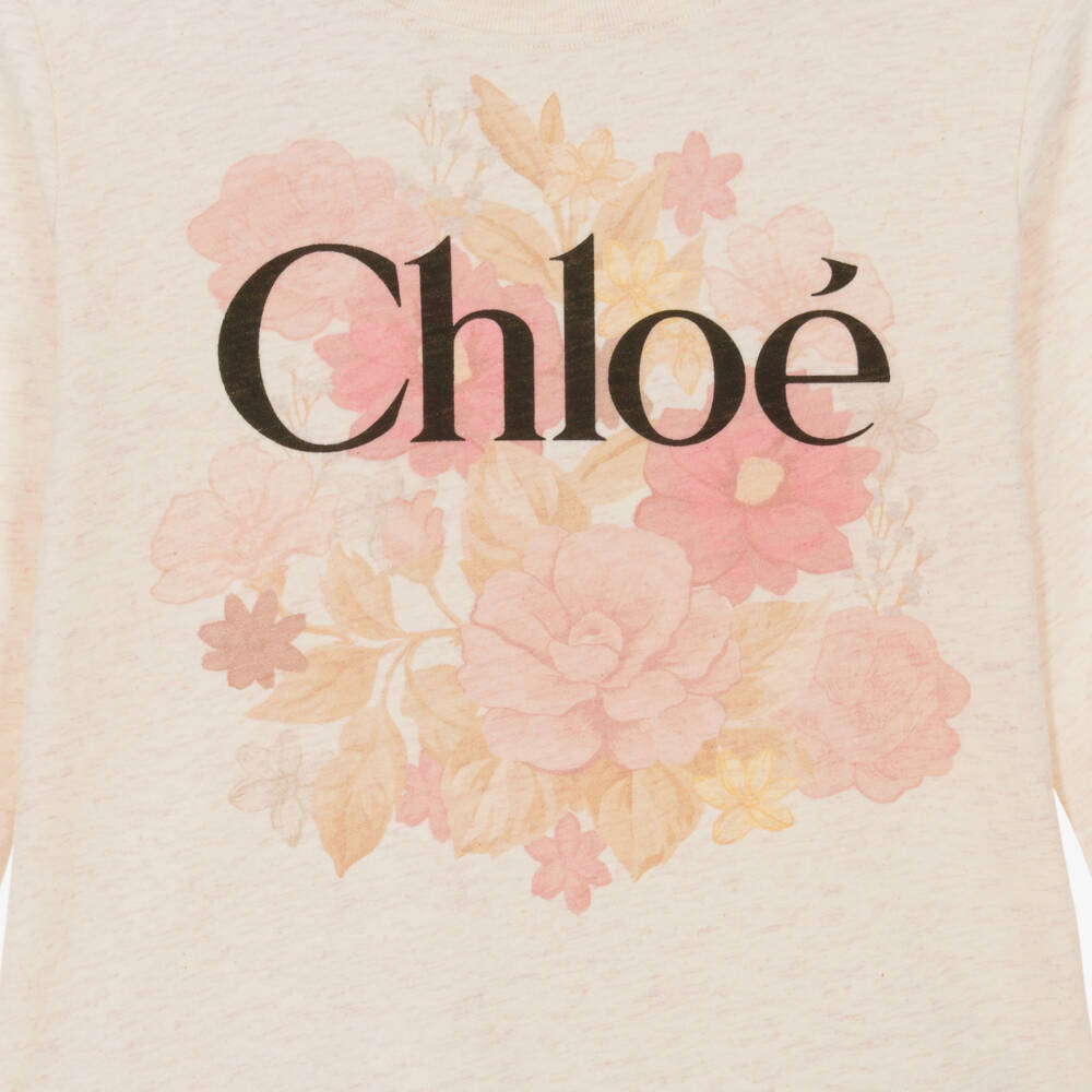 Chloé-Girls Beige Marl Floral Print Cotton Top | Childrensalon