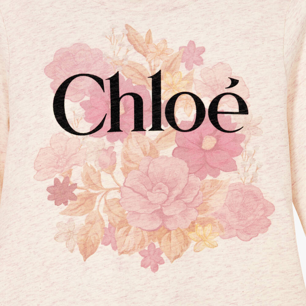 Chloé-Girls Beige Marl Floral Print Cotton Top | Childrensalon