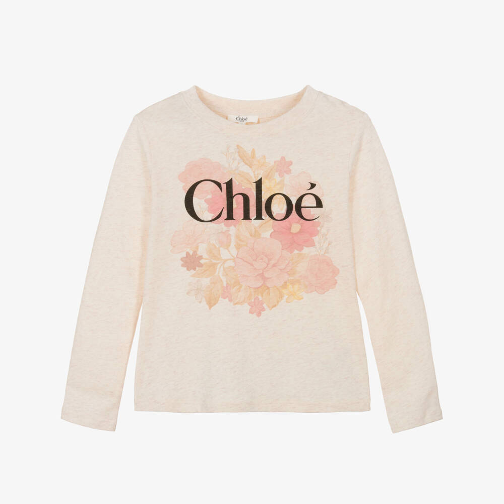 Chloé-Girls Beige Marl Floral Print Cotton Top | Childrensalon