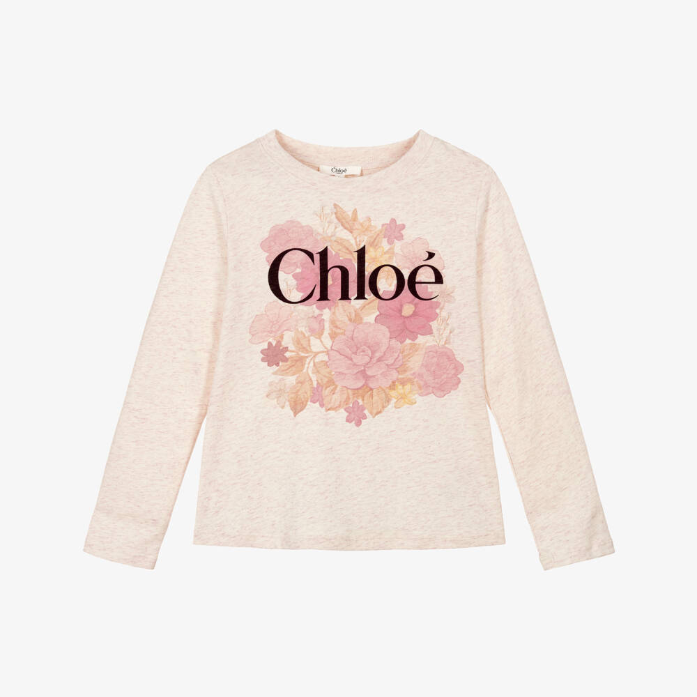 Chloé-Girls Beige Marl Floral Print Cotton Top | Childrensalon