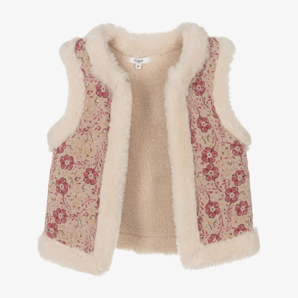 Chloé-Girls Beige & Pink Floral Jacquard & Faux Fur Gilet | Childrensalon