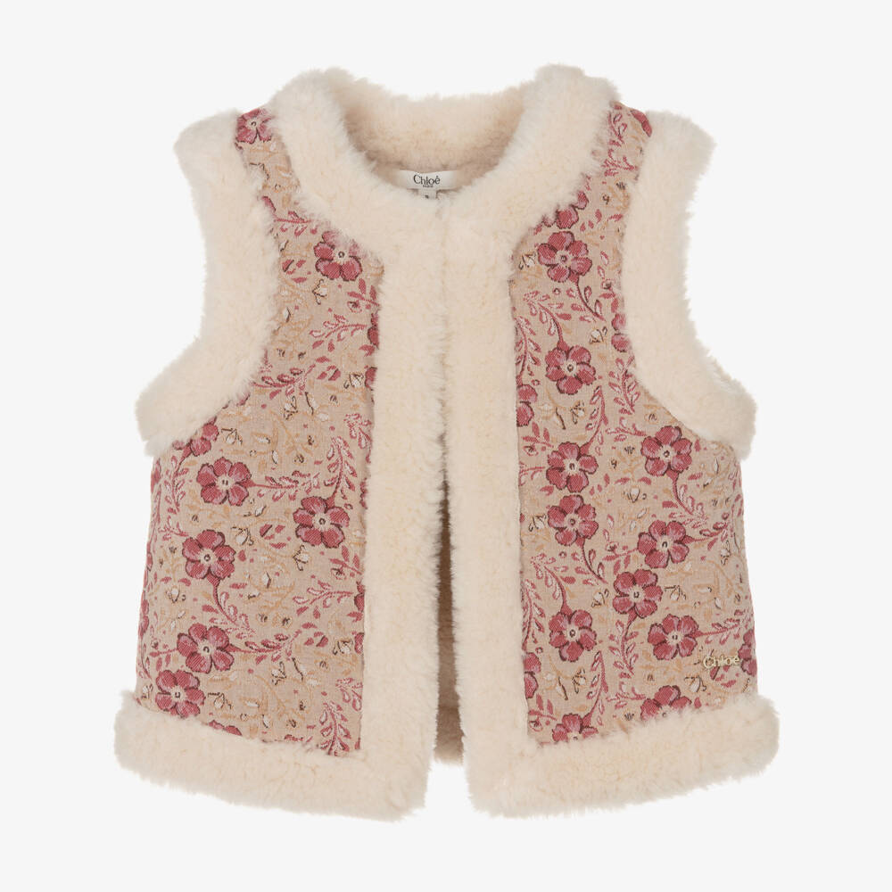 Chloé-Girls Beige & Pink Floral Jacquard & Faux Fur Gilet | Childrensalon
