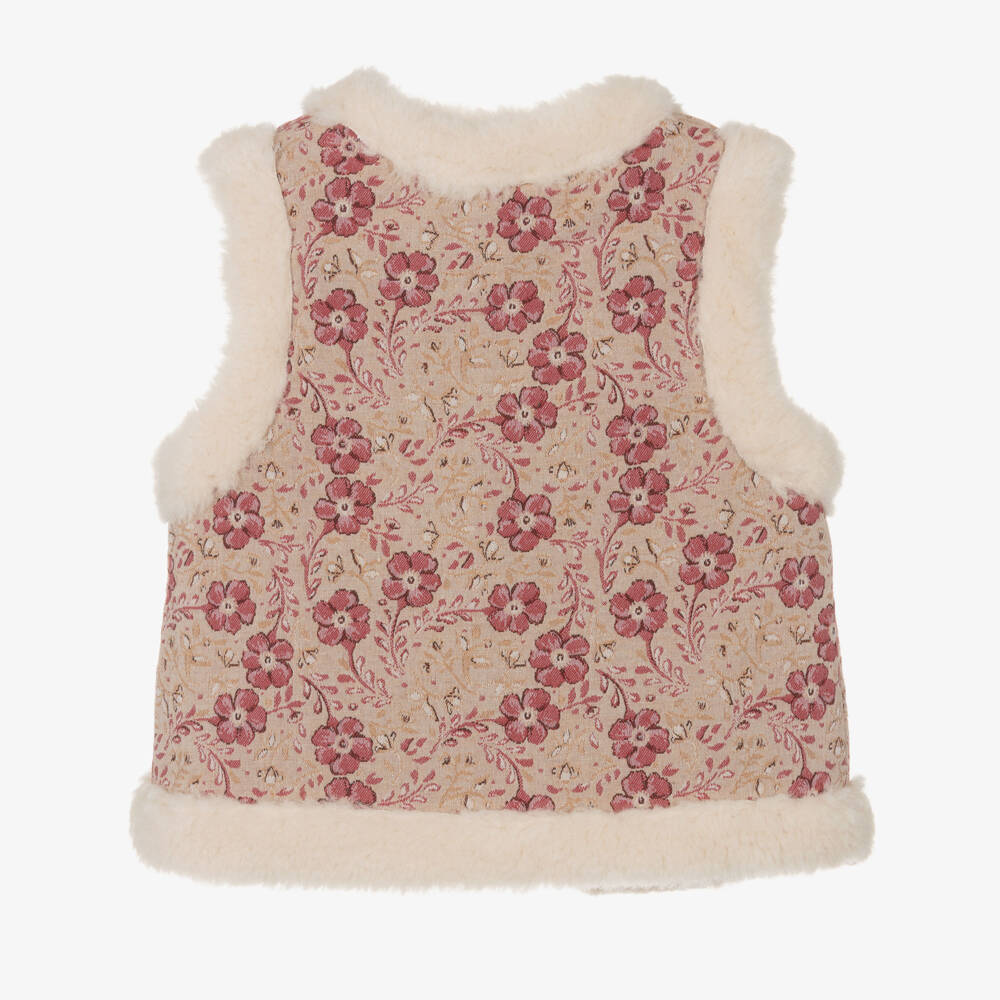 Chloé-Girls Beige & Pink Floral Jacquard & Faux Fur Gilet | Childrensalon