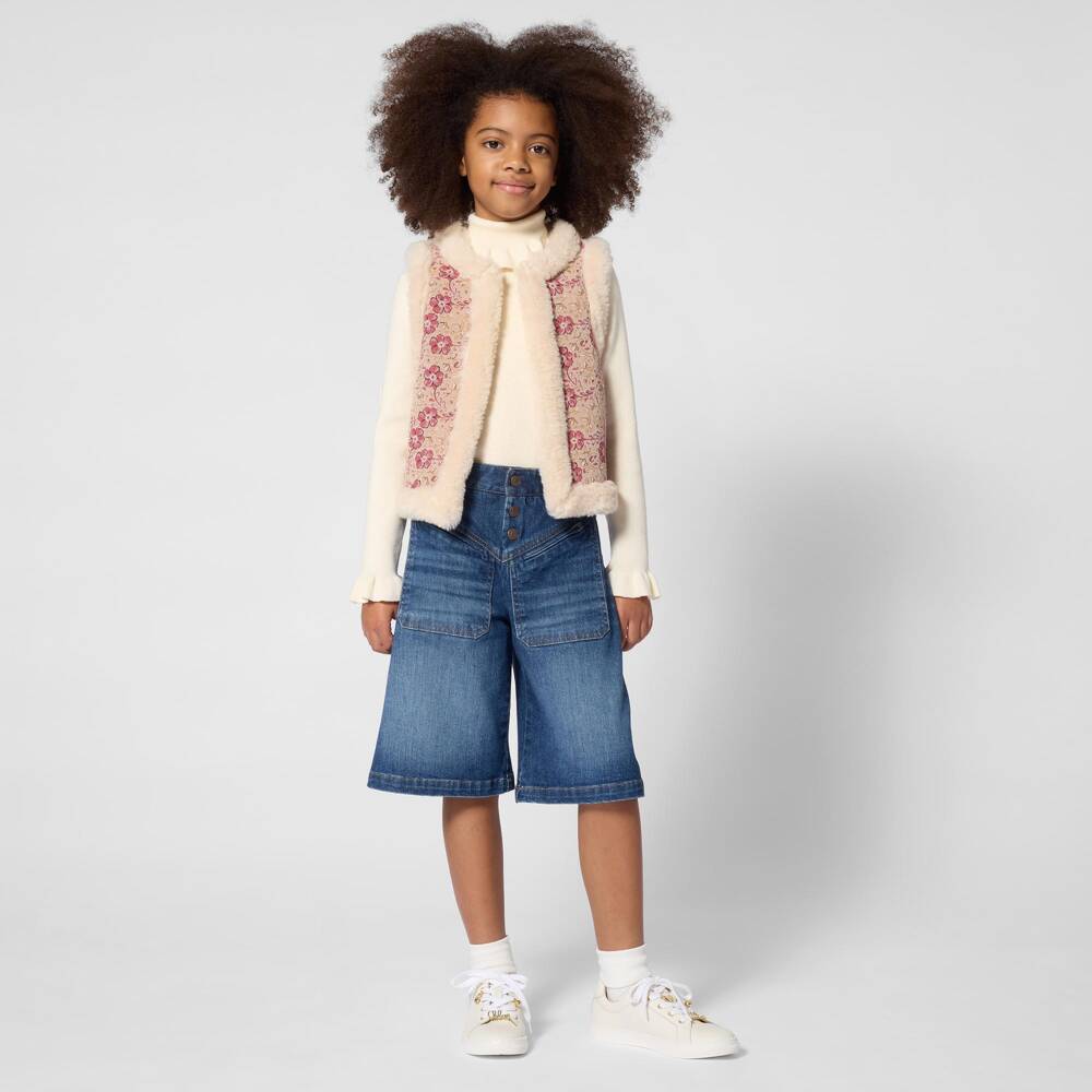 Chloé-Girls Beige & Pink Floral Jacquard & Faux Fur Gilet | Childrensalon
