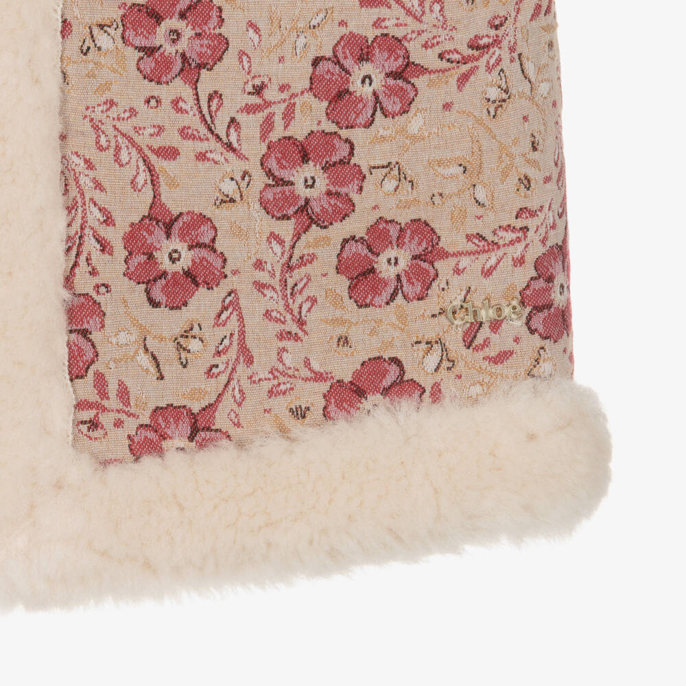 Chloé-Girls Beige & Pink Floral Jacquard & Faux Fur Gilet | Childrensalon