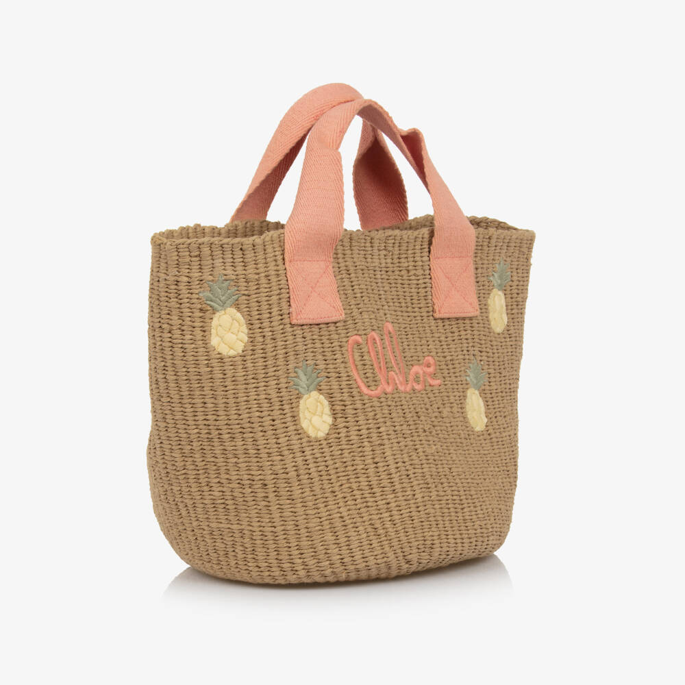 Chloé-Girls Beige Raffia Pineapple Tote Bag (20cm) | Childrensalon