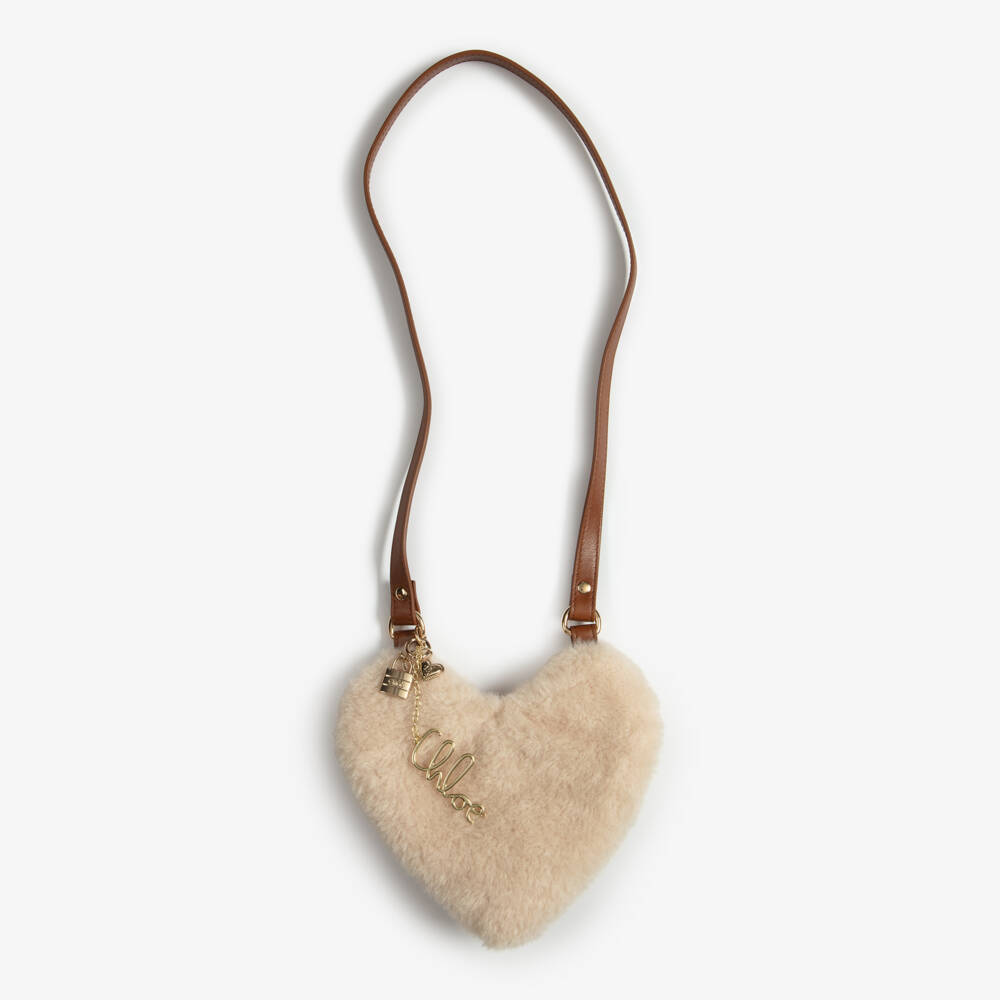 Chloé-Girls Beige Sherpa Heart Crossbody Bag (17cm) | Childrensalon
